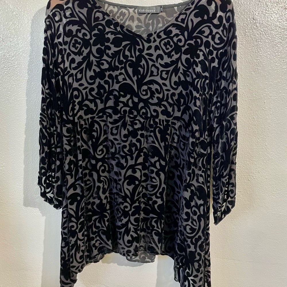 Velvet Burnout Sheer Blouse Black Handkerchief Hem Lagenlook S M Layer Cut Loose - Picture 1 of 5